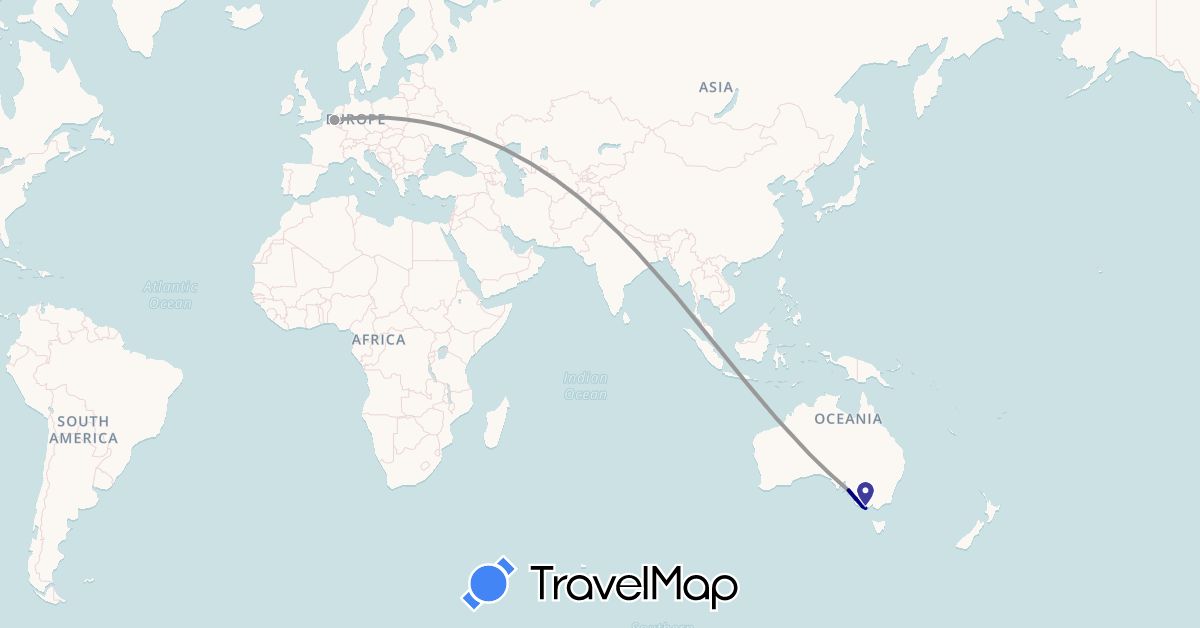 TravelMap itinerary: driving, plane in Australia, Belgium (Europe, Oceania)